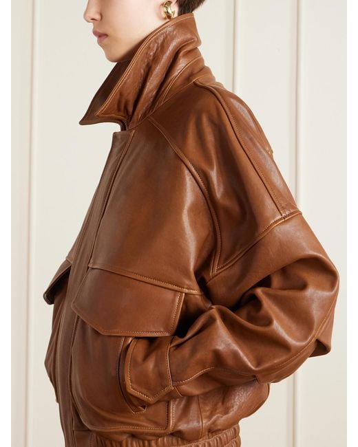 Nour Hammour Brown Runa Paneled Leather Bomber Jacket