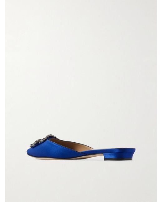 Manolo Blahnik Blue Hangisi Crystal-Embellished Satin Slippers