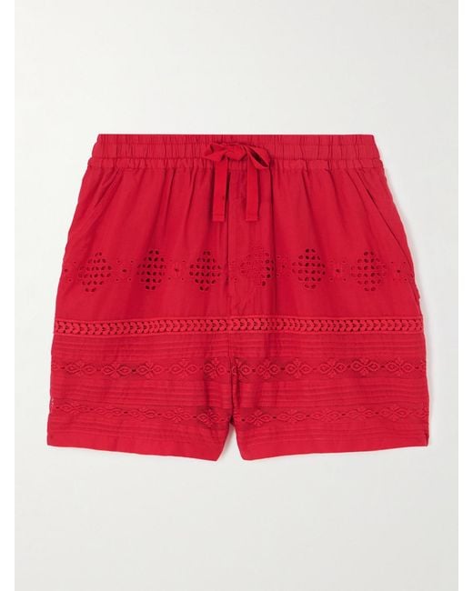 Isabel Marant Red Damina Crochet-Trimmed Broderie Anglaise Organic Cotton-Voile Shorts