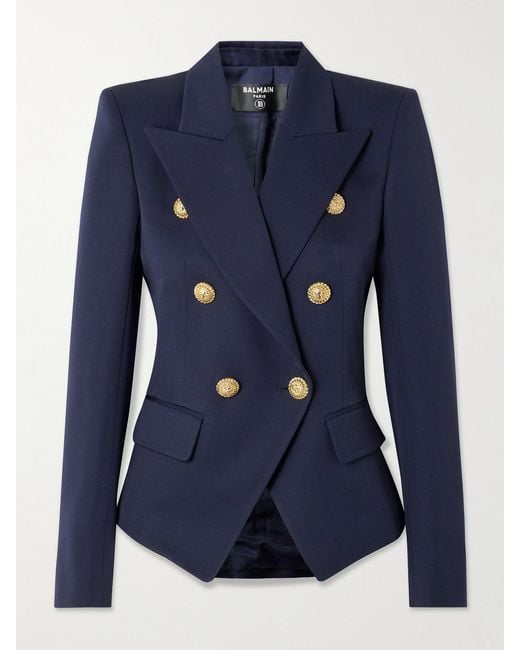 Balmain Blue Double-Breasted Grain De Poudre Wool Blazer
