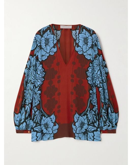 Borgo De Nor Blue Stellan Floral-Print Crepe De Chine Blouse