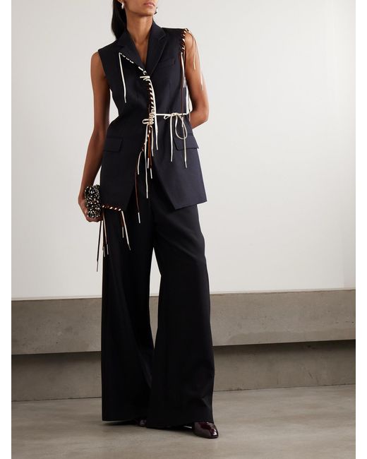Dries Van Noten Blue Fringed Grosgrain And Velvet-Trimmed Herringbone Wool Vest