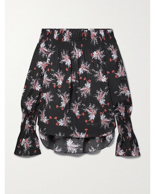 Adam Lippes Black Off-The-Shoulder Shirred Floral-Print Stretch-Cotton Poplin Top