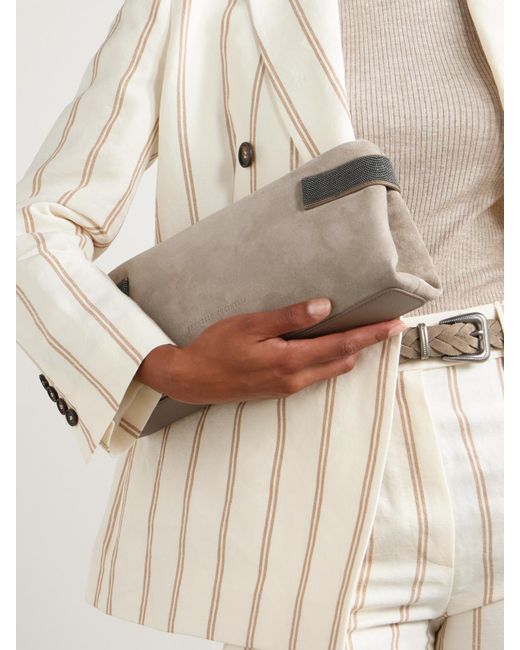 Brunello Cucinelli Natural Bead-Embellished Leather-Trimmed Suede Clutch