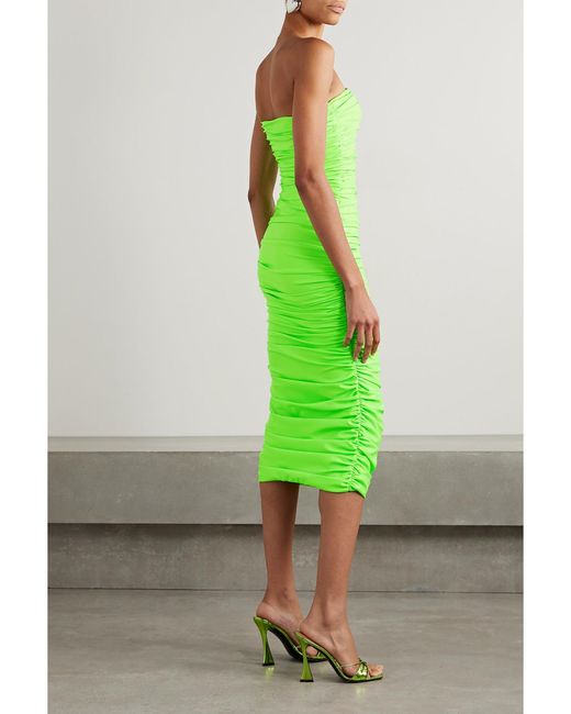 Sergio Hudson Green Strapless Ruched Neon Coated Stretch-Jersey Midi Dress