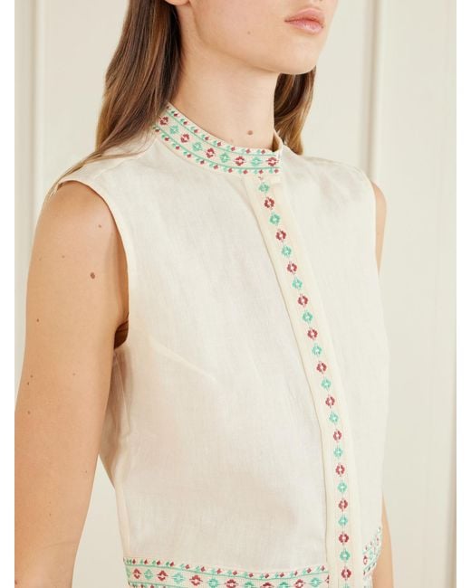 Emporio Sirenuse Natural Andorra Astragal Mare Embroidered Linen And Cotton-Blend Top