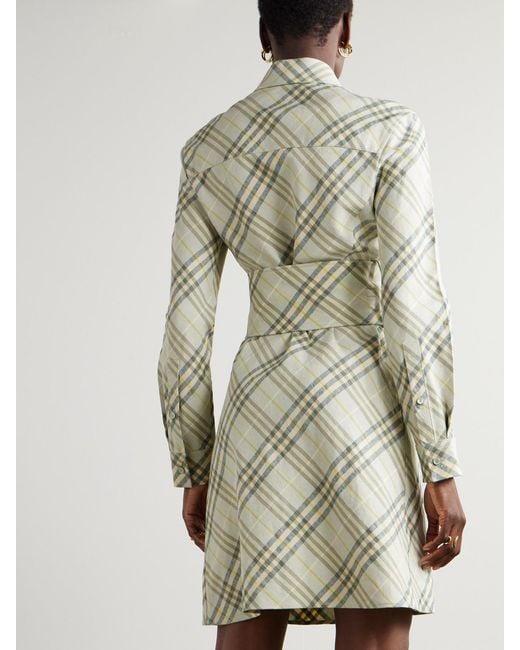 Burberry White Belted Checked Linen-Bend Mini Shirt Dress