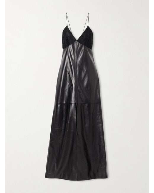 Veronica de Piante Black Amelia Embellished Silk-Trimmed Leather Maxi Dress