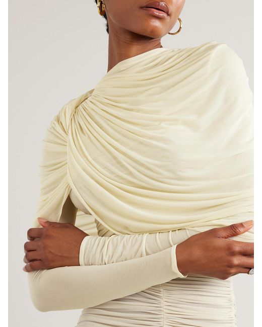Magda Butrym Natural Draped Cape-Effect Ruched Stretch-Tulle Dress