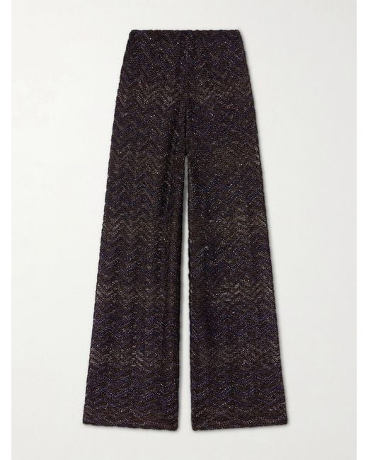Missoni Blue Sequin-Embellished Crochet-Knit Wide-Leg Pants
