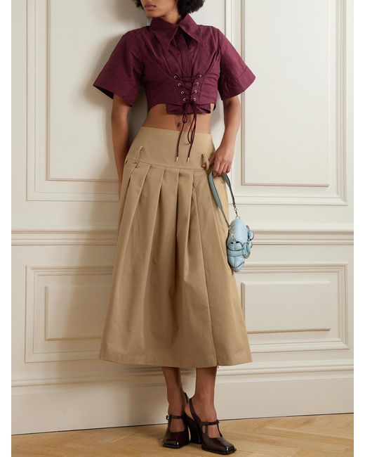 Tolu Coker Natural Pleated Topstitched Denim Midi Skirt