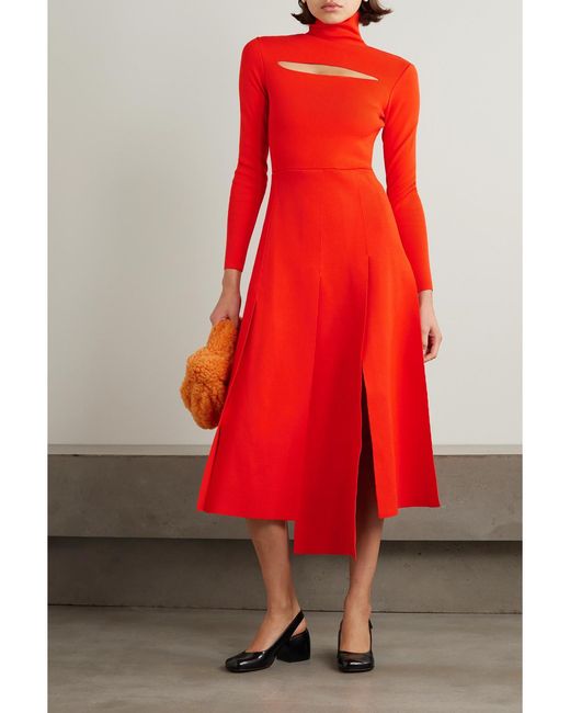 A.W.A.K.E. MODE Red Asymmetric Cutout Stretch-Knit Turtleneck Dress