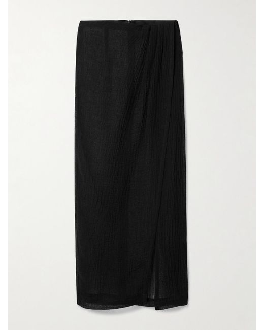 Lisa Marie Fernandez Black Pleated Crinkled Linen-Blend Gauze Pareo
