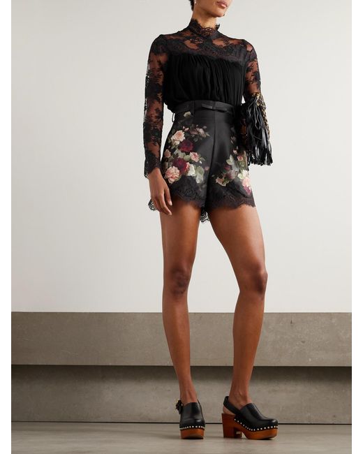 Zimmermann Black Belted Lace-Trimmed Floral-Print Silk And Cotton-Blend Twill Shorts