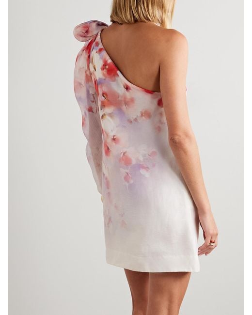 Zimmermann Pink Crush One-Sleeve Floral-Print Linen And Silk-Blend Mini Dress