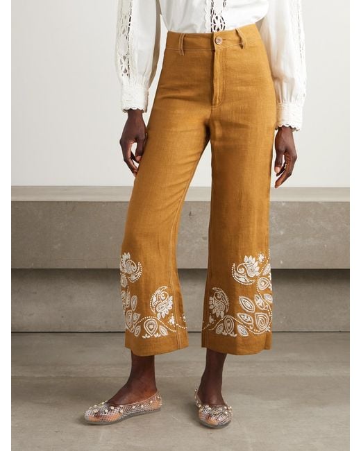 Alix Of Bohemia Natural Paige Cropped Embroidered Linen Bootcut Pants