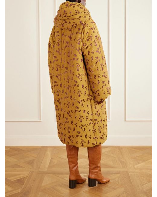 Dries Van Noten Yellow Hooded Padded Floral-Jacquard Long Jacket