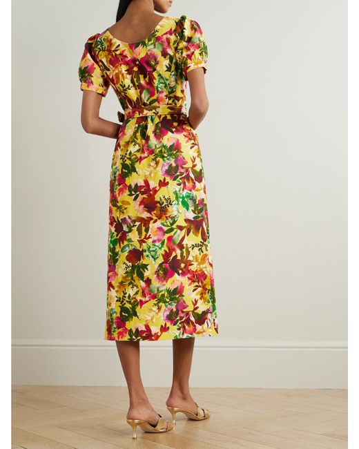 Saloni White Blanca Belted Embellished Floral-Print Cotton-Dupioni Midi Dress