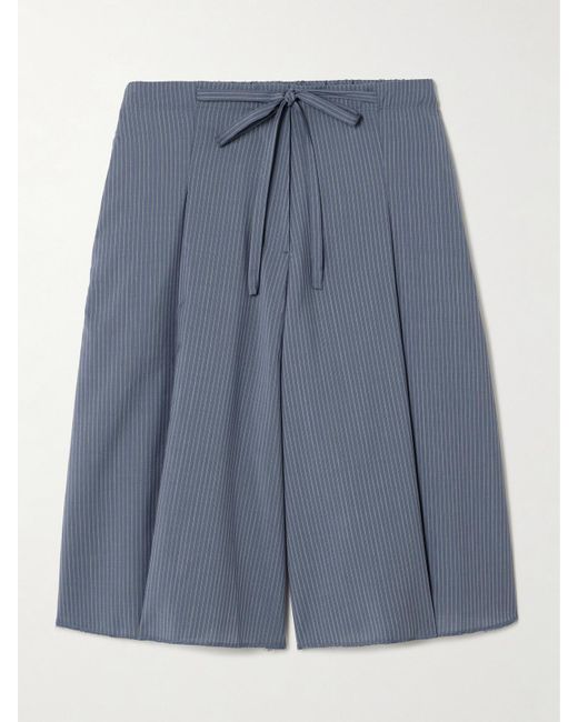 Deiji Studios Blue Gestreifte Shorts Mit Weitem Bein Aus Wolle Mit Falten Zum Binden