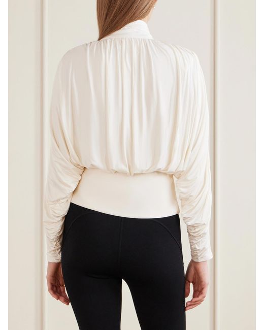 Self-Portrait Natural Tie-Detailed Gathered Stretch-Jersey Blouse