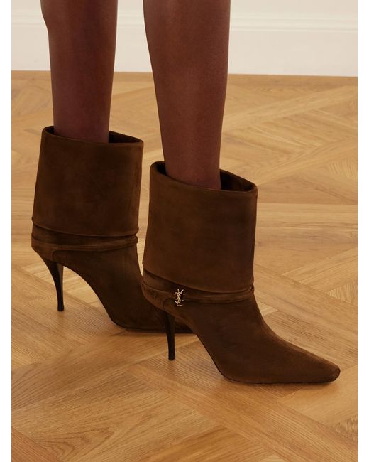 Saint Laurent Brown Niki Embellished Suede Ankle Boots