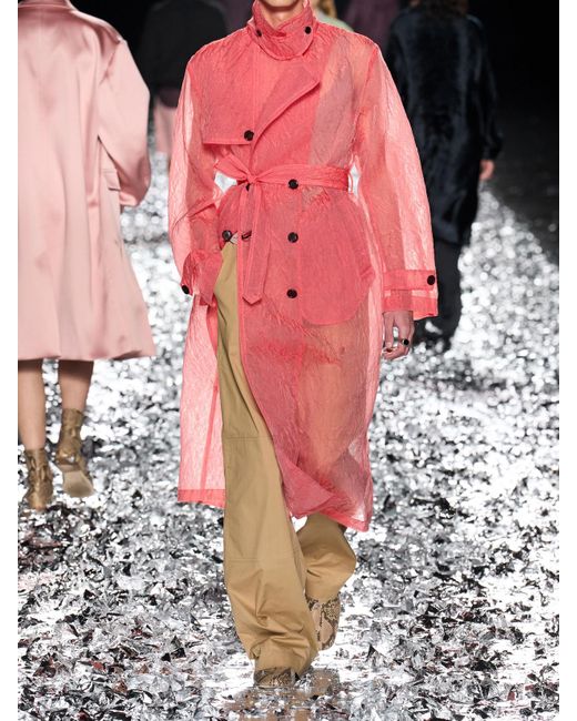 Dries Van Noten Pink Belted Double-Breasted Crinkled-Organza Trench Coat