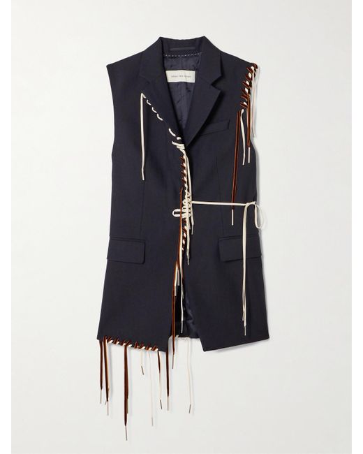 Dries Van Noten Blue Fringed Grosgrain And Velvet-Trimmed Herringbone Wool Vest