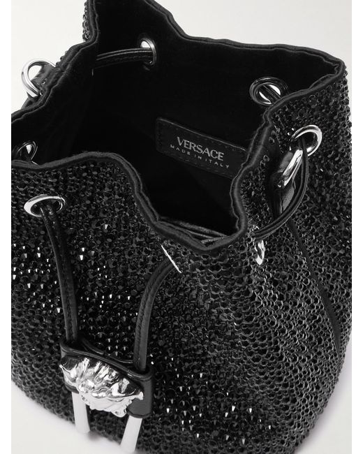 Versace Black Beuteltasche Aus Satin Mit Kristallen Und Faux Fur