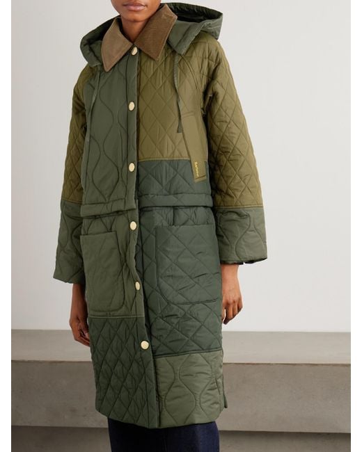 Barbour Green Lilian Hooded Convertible Corduroy-Trimmed Quilted Recycled-Shell Coat
