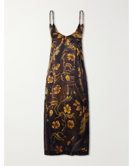 Dries Van Noten Black Floral-Print Silk-Satin Midi Dress