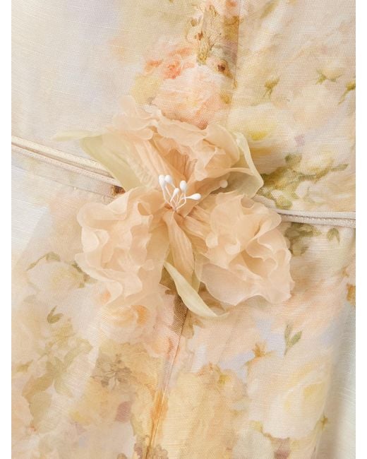 Zimmermann Natural Picnic Midikleid Aus Einer Leinen-Seidenmischung Mit Blumenprint Und Verzierungen
