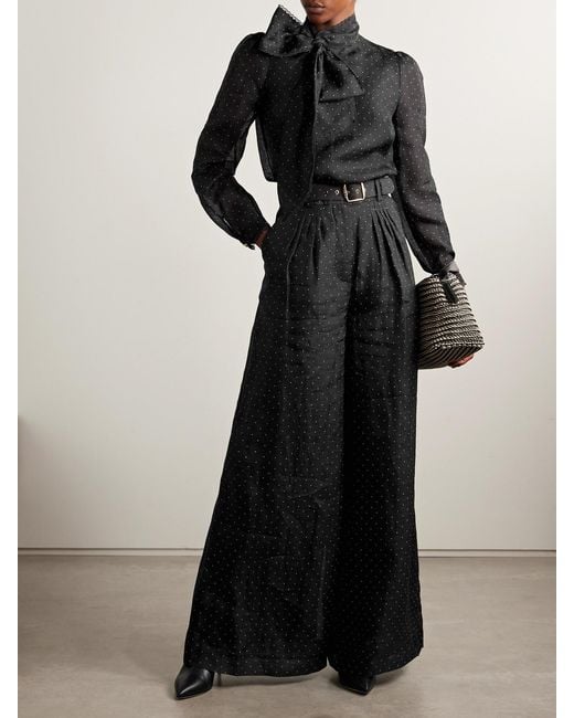 Zimmermann Black Belted Pleated Polka-Dot Linen And Silk-Blend Organza Wide-Leg Pants