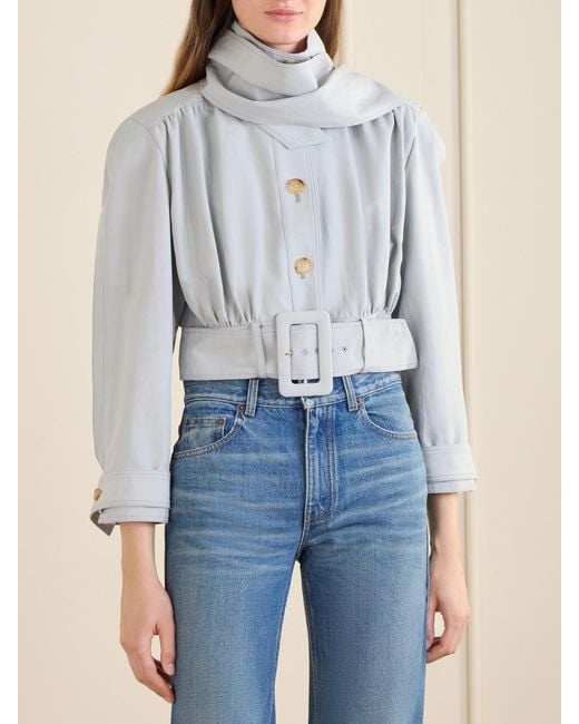 Chloé Blue Belted Scarf-Detailed Gathered Linen And Cotton-Blend Jacket