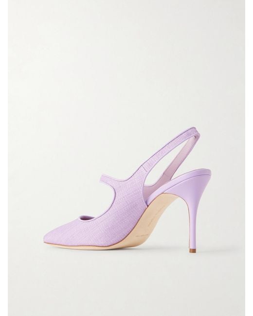 Manolo Blahnik Pink Camparisli 90 Leather-Trimmed Raffia Mary Jane Slingback Pumps