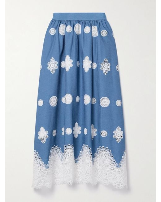 Borgo De Nor Blue Rhea Crocheted Lace-Trimmed Chambray Midi Skirt
