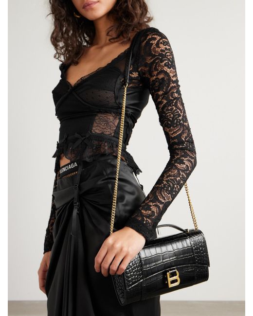 Balenciaga Black Hourglass Croc-Effect Patent-Leather Shoulder Bag