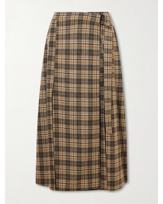 Brunello Cucinelli Natural Checked Wool-Blend Wrap Midi Skirt