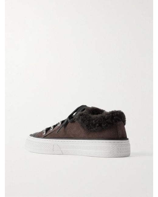 Brunello Cucinelli Brown Sneakers Aus Veloursleder Mit Shearling-Futter Und Zierperlen