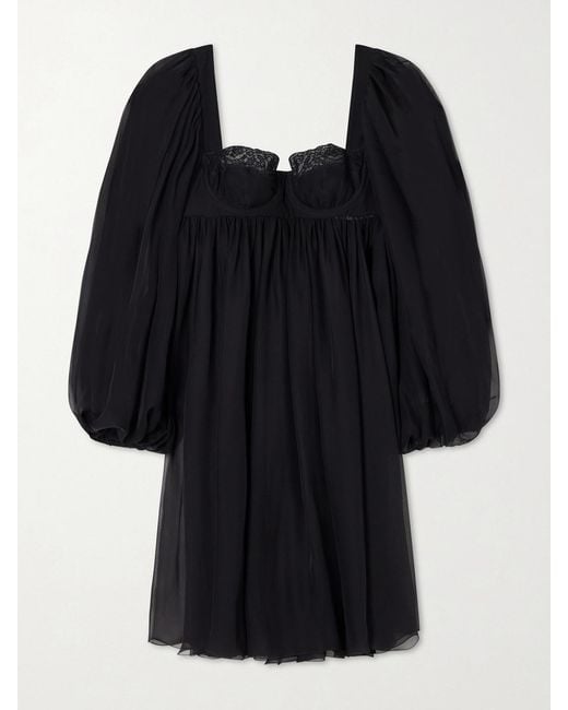 Dolce & Gabbana Black Pleated Lace-Trimmed Silk And Cotton-Blend Voile Mini Dress