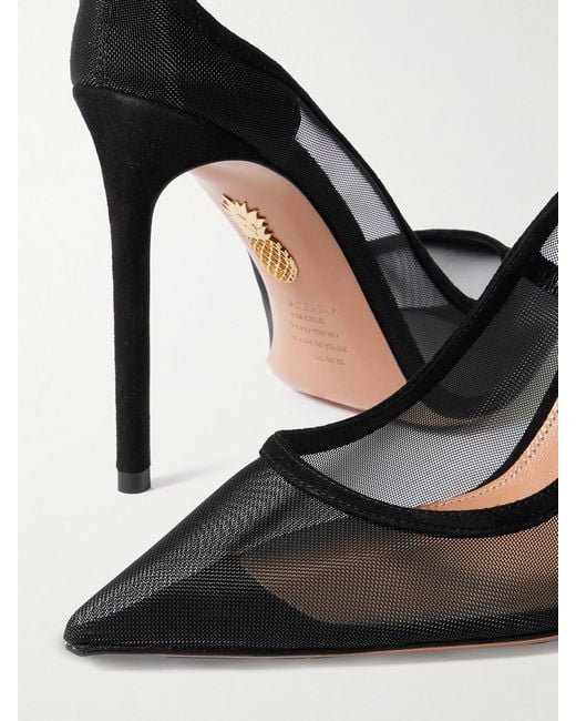 Aquazzura White Love Affair 105 Suede-Trimmed Mesh Pumps