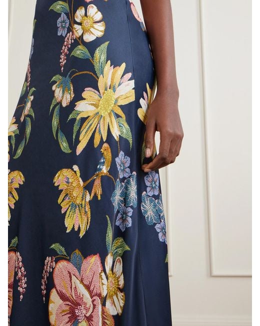 Farm Rio Blue Maira Floral-Print Satin Maxi Dress