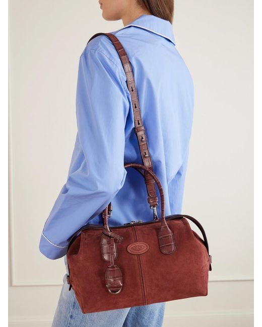 Tod's Red Bauletto Croc-Effect Leather-Trimmed Suede Mini Bag