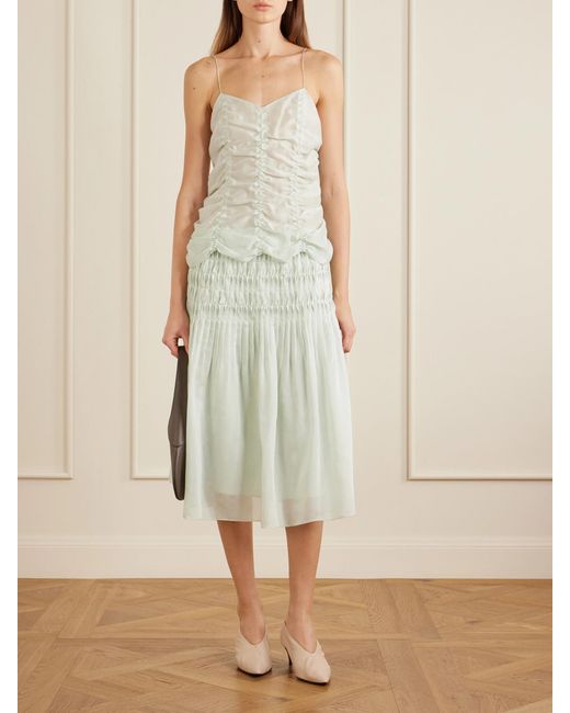 Khaite White Florence Shirred Lyocell And Silk-Blend Skirt