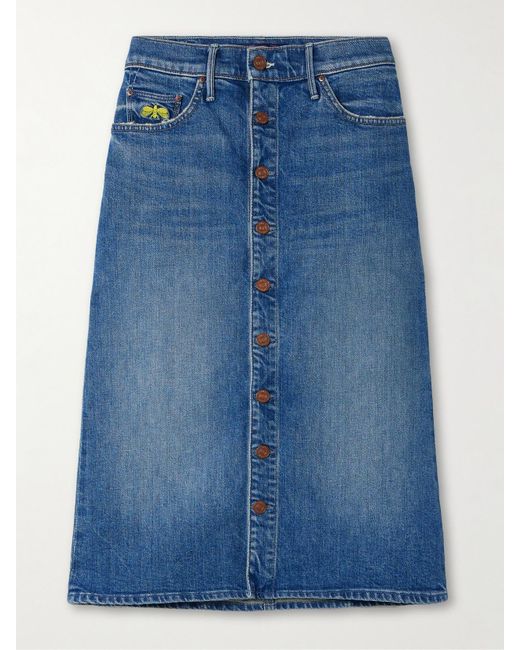 Mother Blue La Doublej The Button Vagabond Embroidered Denim Midi Skirt