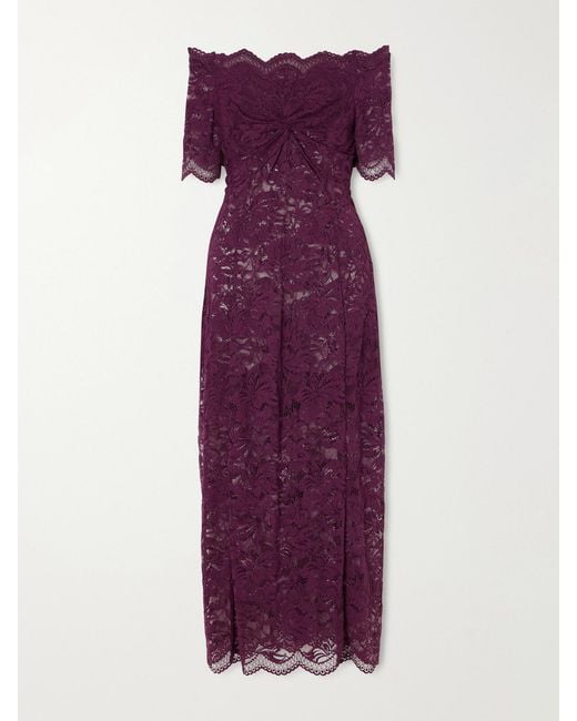 Rabanne Purple Off-The-Shoulder Gathered Lace Midi Dress