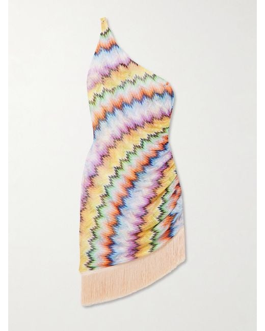 Missoni White One-Shoulder Fringed Printed Tulle Mini Dress