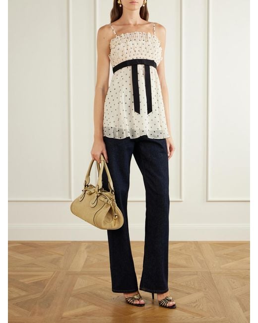 Zimmermann Natural Pleated Bow-Detailed Polka-Dot Chiffon Top