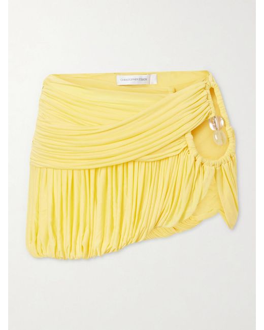 Christopher Esber Yellow Embellished Cutout Pleated Jersey Mini Skirt