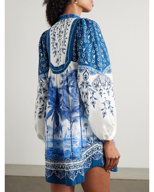 Farm Rio Blue Palm Tree Beach Minikleid Aus Einer Bedruckten Leinenmischung