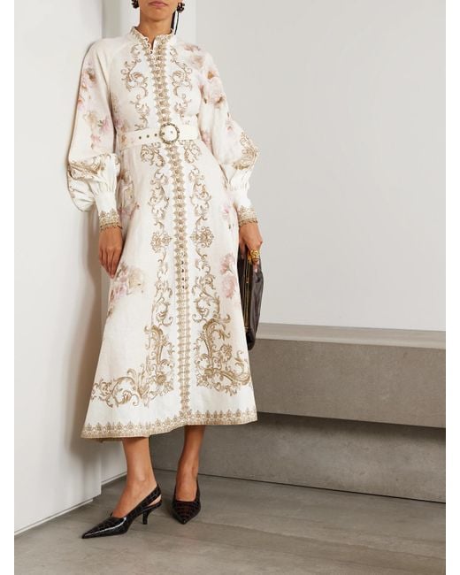 Zimmermann Natural Midikleid Aus Leinen Mit Blumenprint Und Gürtel